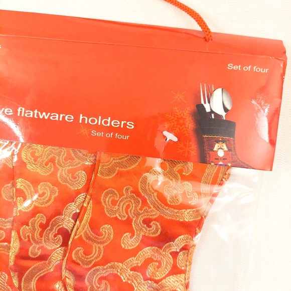 Christmas Stocking Flatware Holders Table Linens Set Of 4 Red Gold Swirls - Picture 3 of 6